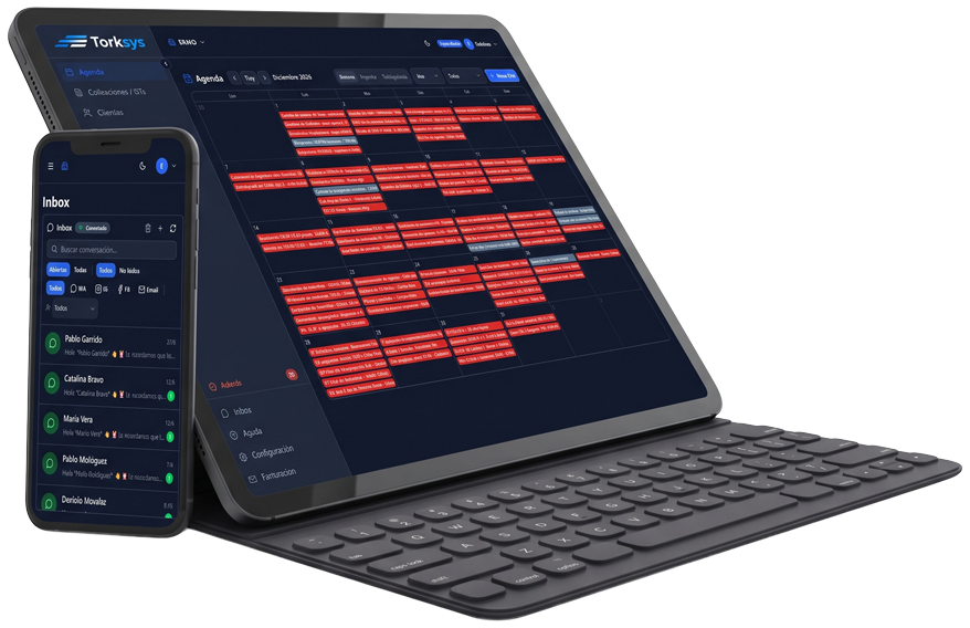 Torksys en tablet con teclado y celular: agenda del taller e inbox