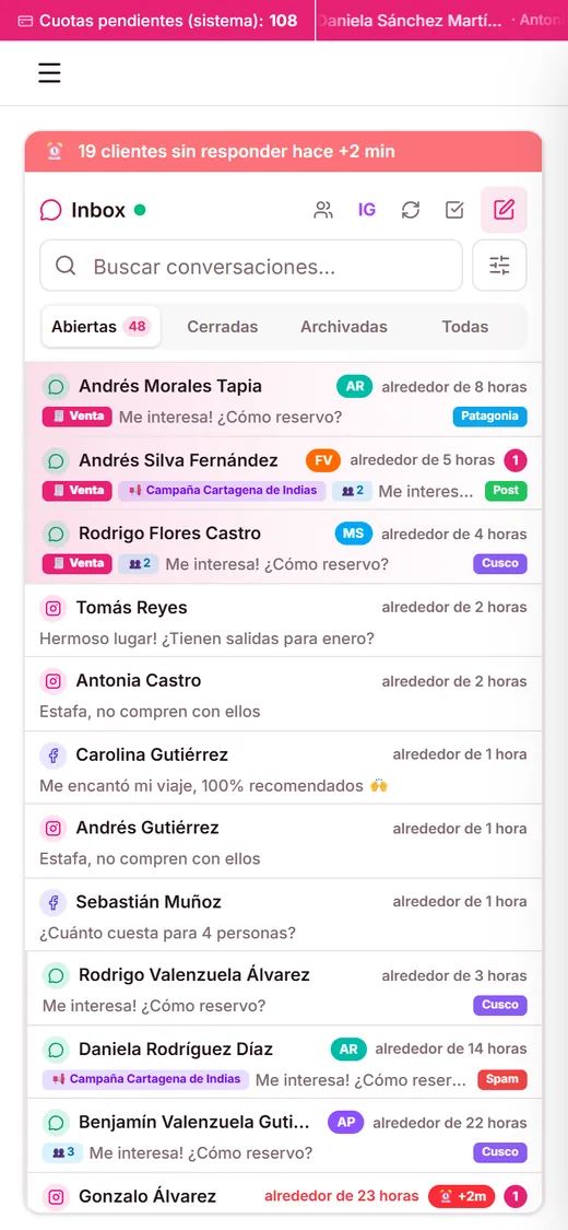 Inbox del sistema de viajes en un celular