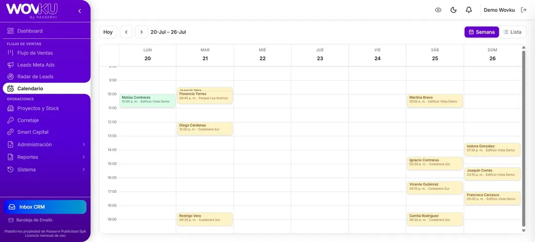 Calendario semanal de Wovku con visitas agendadas por proyecto